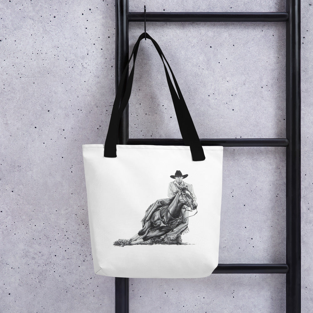 This "Cowboy Tote Bag" is from a drawing of mine created with graphite pencil. It is titled "A Cut Above" as it is a cowboy on a cutting horse. It has been digitally optimized and transferred to a 100% spun polyester fabric.