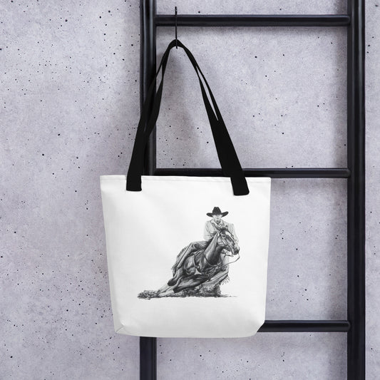 This "Cowboy Tote Bag" is from a drawing of mine created with graphite pencil. It is titled "A Cut Above" as it is a cowboy on a cutting horse. It has been digitally optimized and transferred to a 100% spun polyester fabric.