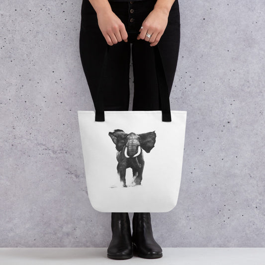 This "Elephant Tote Bag" is from a drawing of mine created with a graphite pencil. It has been digitally optimized and transferred to a 100% spun polyester fabric.