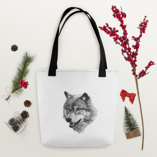 This "Wolf Tote Bag" is from a drawing of mine created with a graphite pencil. It has been digitally optimized and transferred to a 100% spun polyester fabric.