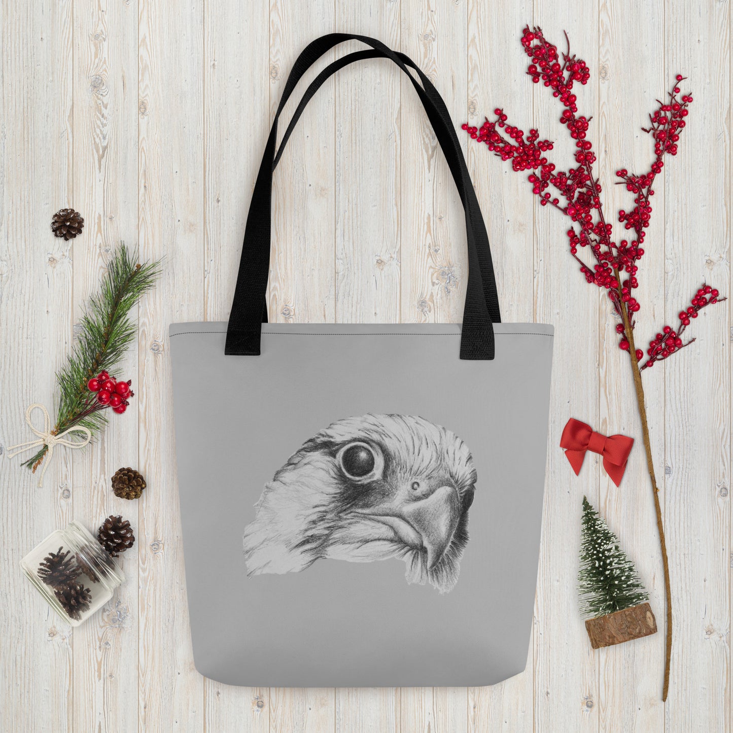 This "Hawk Tote Bag" is from a drawing of mine created with a graphite pencil. It has been digitally optimized and transferred to 100% spun polyester fabric.