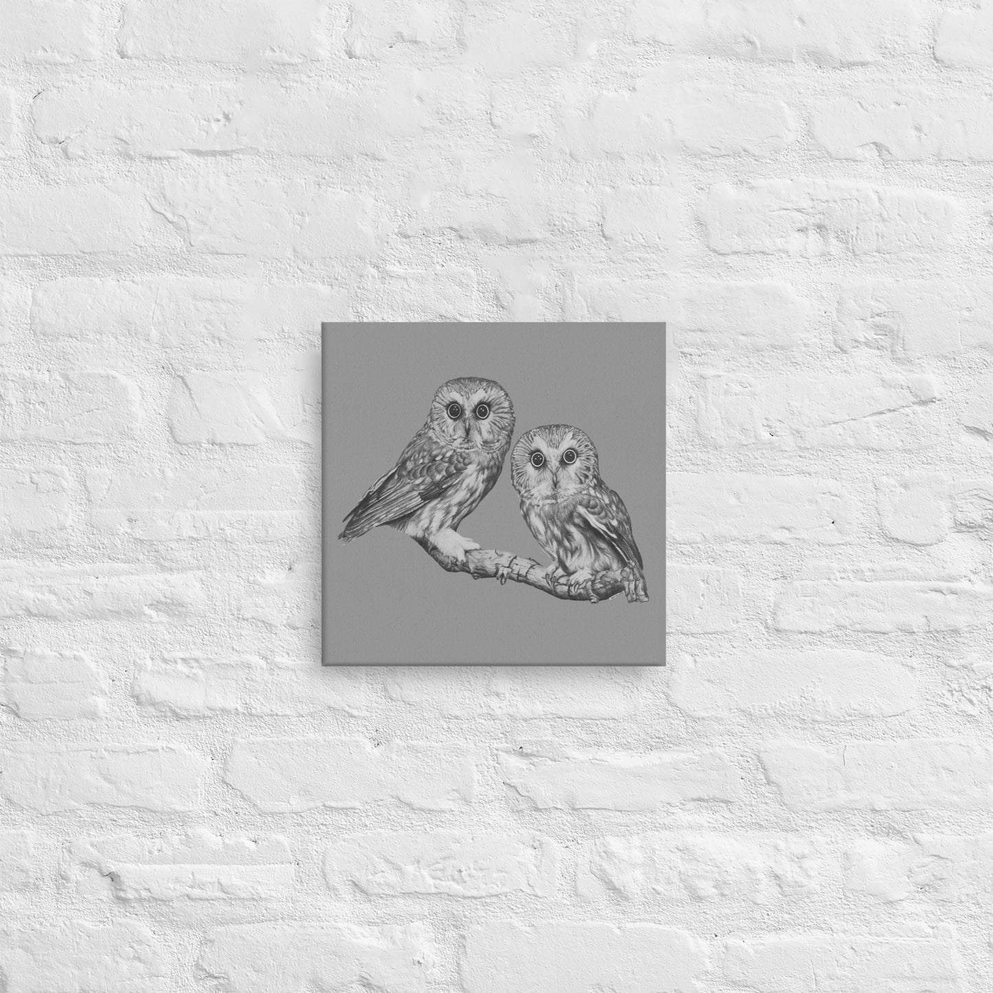 These "Owl Canvas Wall Hangings" are from a drawing of mine created with a graphite pencil. It is Two Owls staring at you as if to say "Who's There". It has been digitally optimized and transferred to a poly-cotton blend canvas.