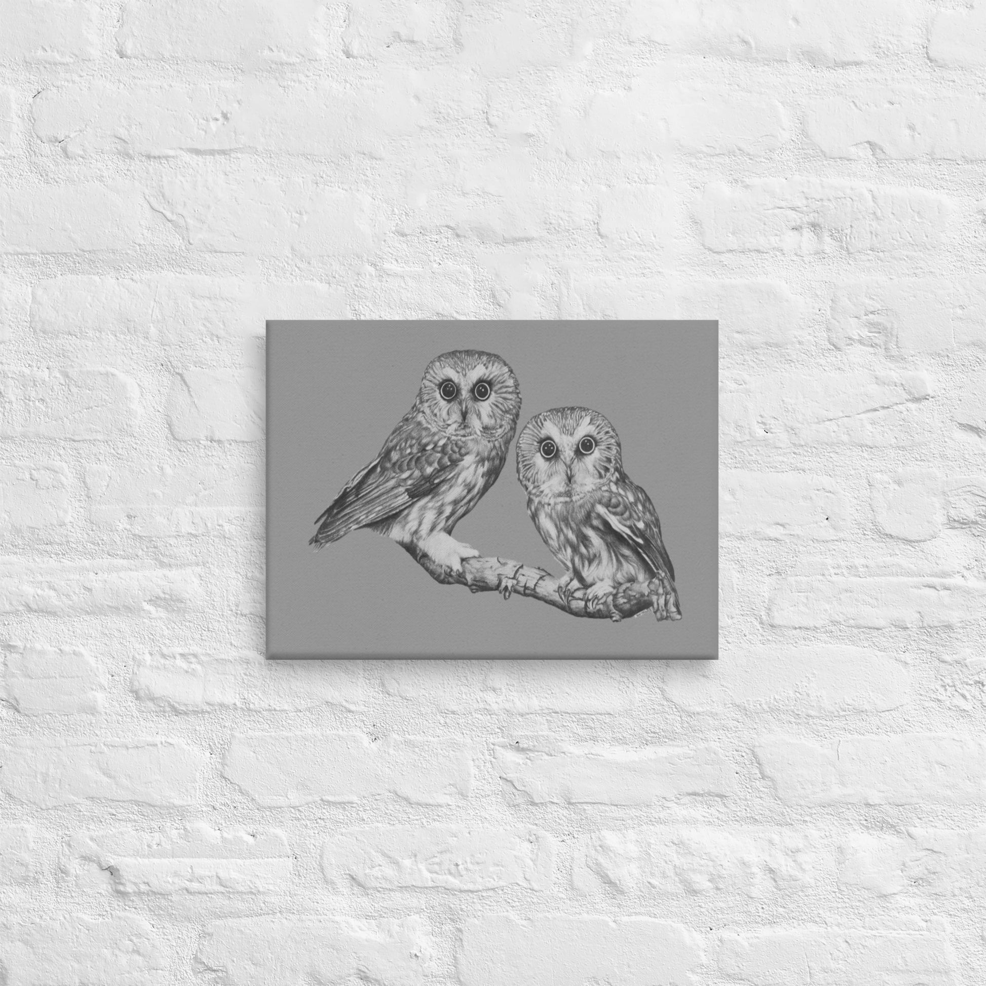These "Owl Canvas Wall Hangings" are from a drawing of mine created with a graphite pencil. It is Two Owls staring at you as if to say "Who's There". It has been digitally optimized and transferred to a poly-cotton blend canvas.