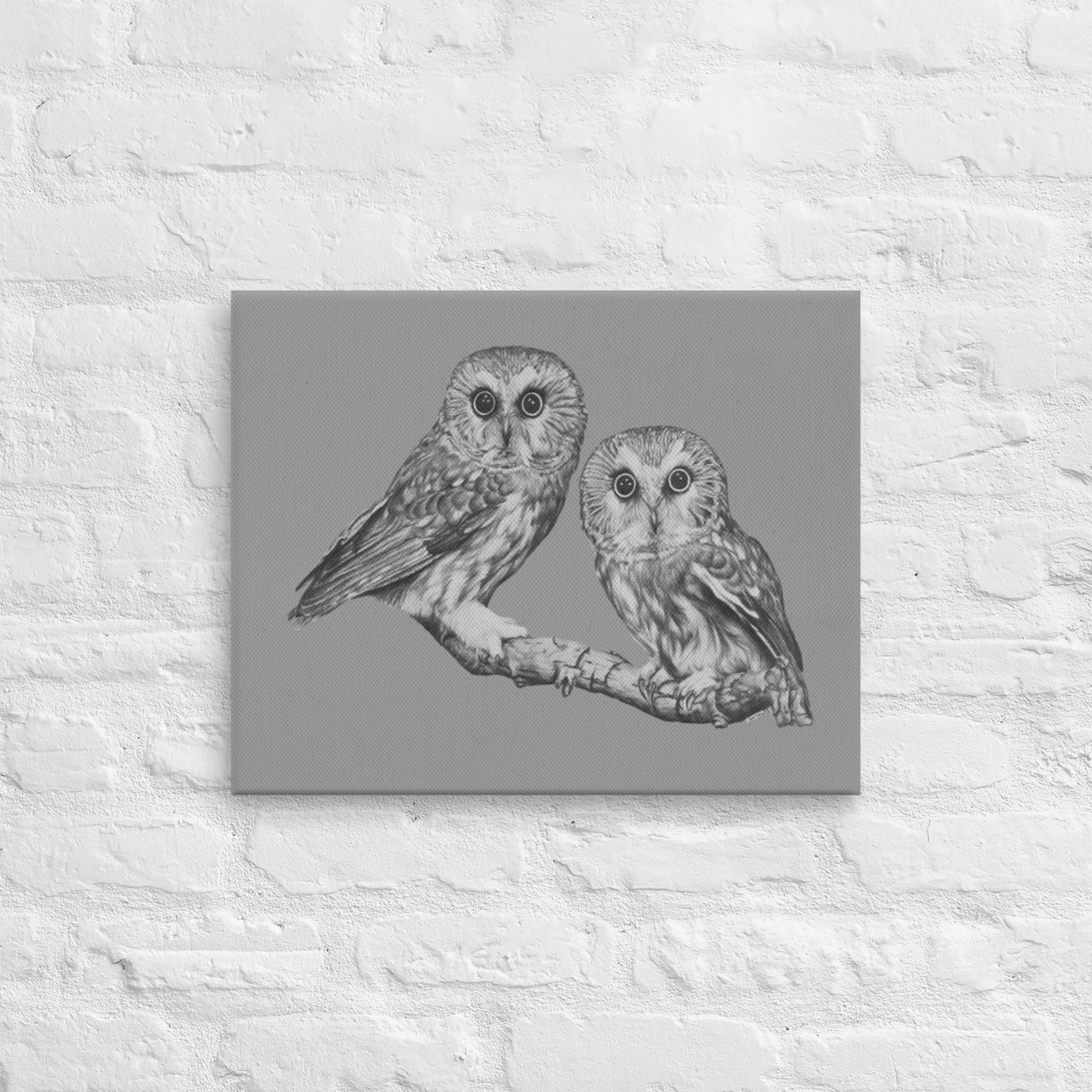 These "Owl Canvas Wall Hangings" are from a drawing of mine created with a graphite pencil. It is Two Owls staring at you as if to say "Who's There". It has been digitally optimized and transferred to a poly-cotton blend canvas.