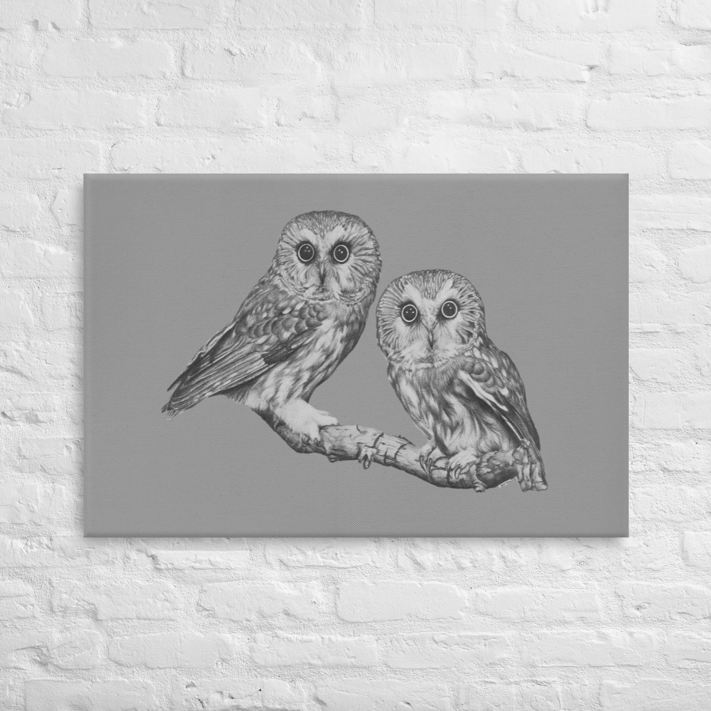 These "Owl Canvas Wall Hangings" are from a drawing of mine created with a graphite pencil. It is Two Owls staring at you as if to say "Who's There". It has been digitally optimized and transferred to a poly-cotton blend canvas.