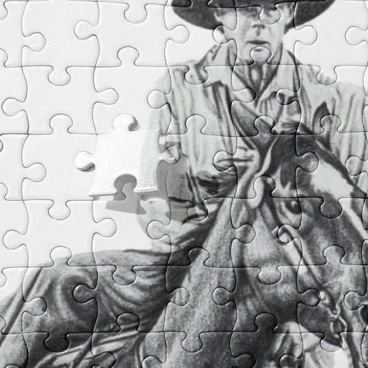 The "Cowboy Jigsaw Puzzle" is from a drawing of mine created with a graphite pencil. It is titled "A Cut Above" as it is a cowboy on a cutting horse. It has been digitally optimized and transferred to a pressed paper chipboard which makes it suitable for framing.