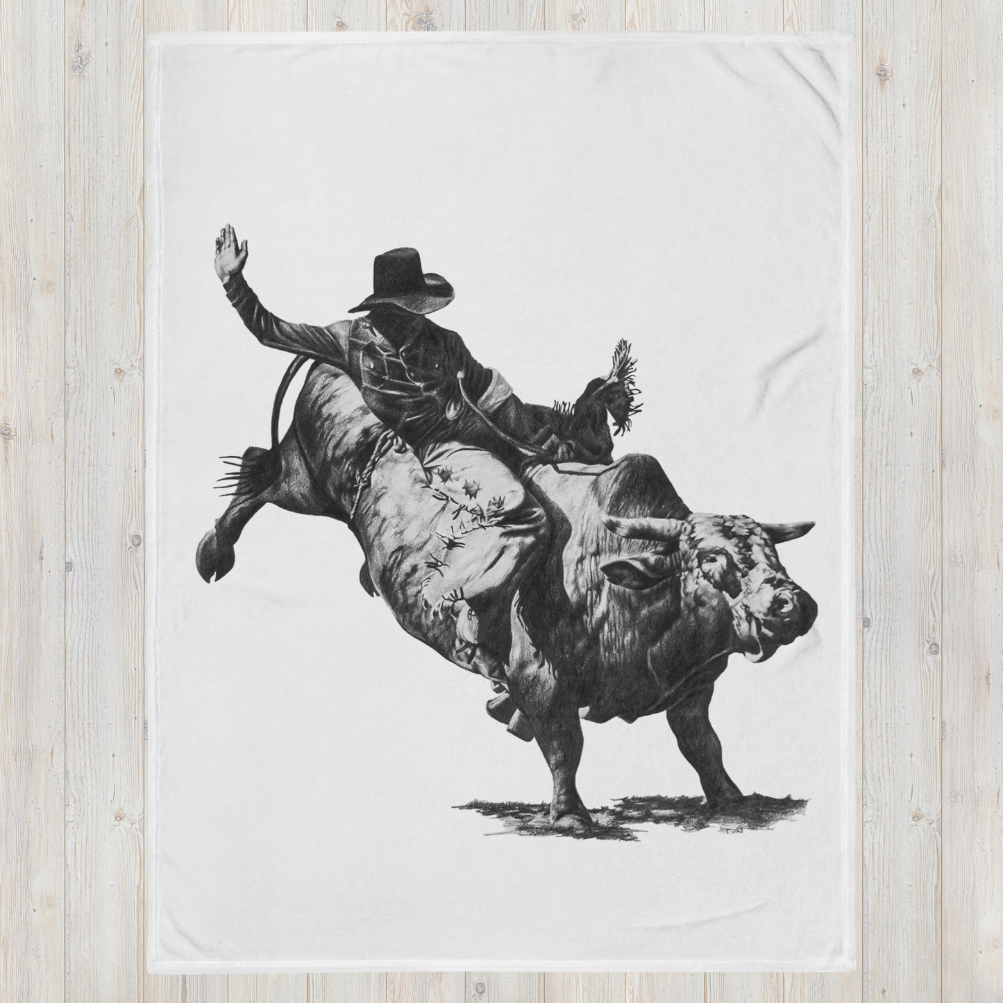 This "Bull Rider Throw Blanket (W)" is a drawing of mine created with graphite pencil. It has been digitally optimized and transferred to a 100% Polyester throw blanket.