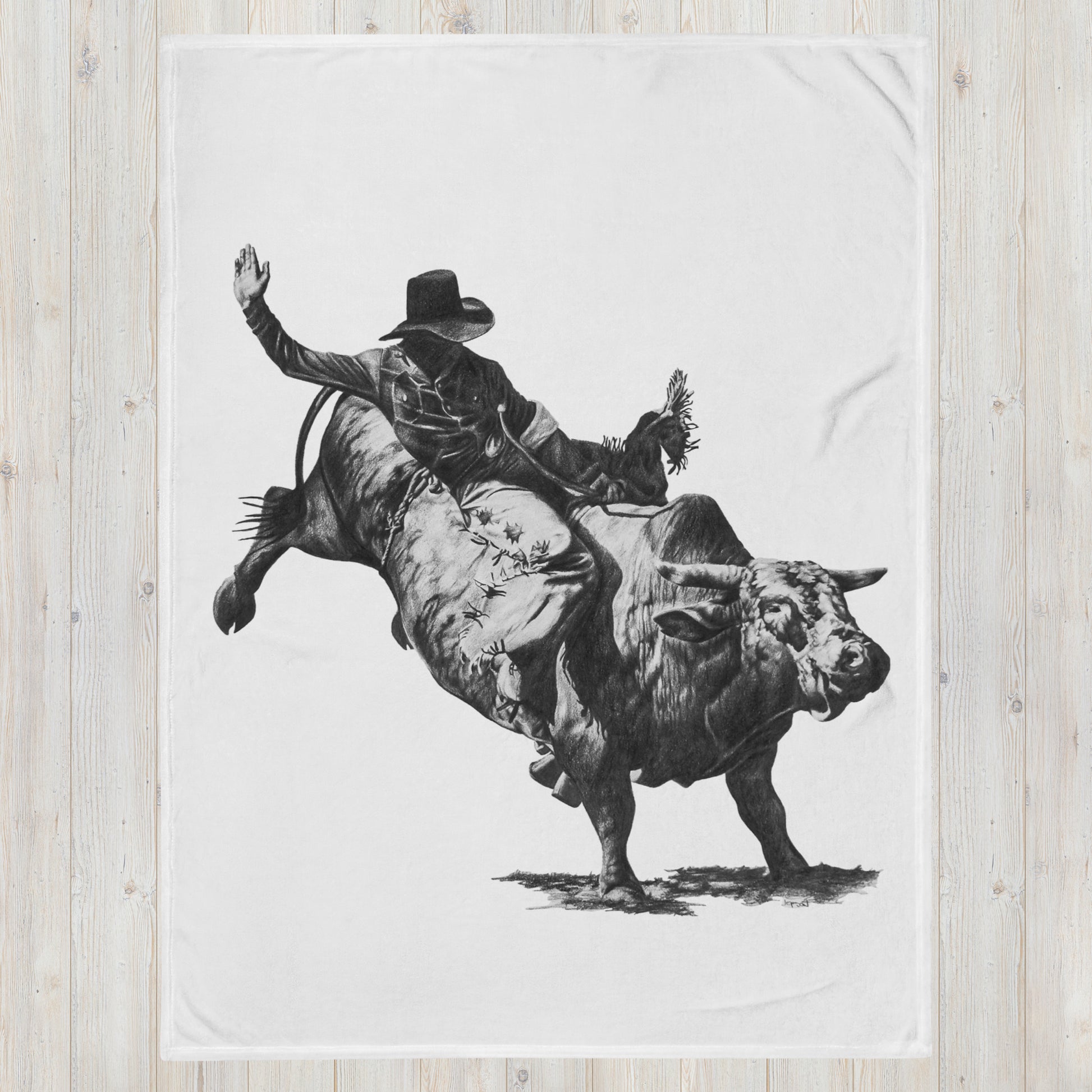 This "Bull Rider Throw Blanket (W)" is a drawing of mine created with graphite pencil. It has been digitally optimized and transferred to a 100% Polyester throw blanket.