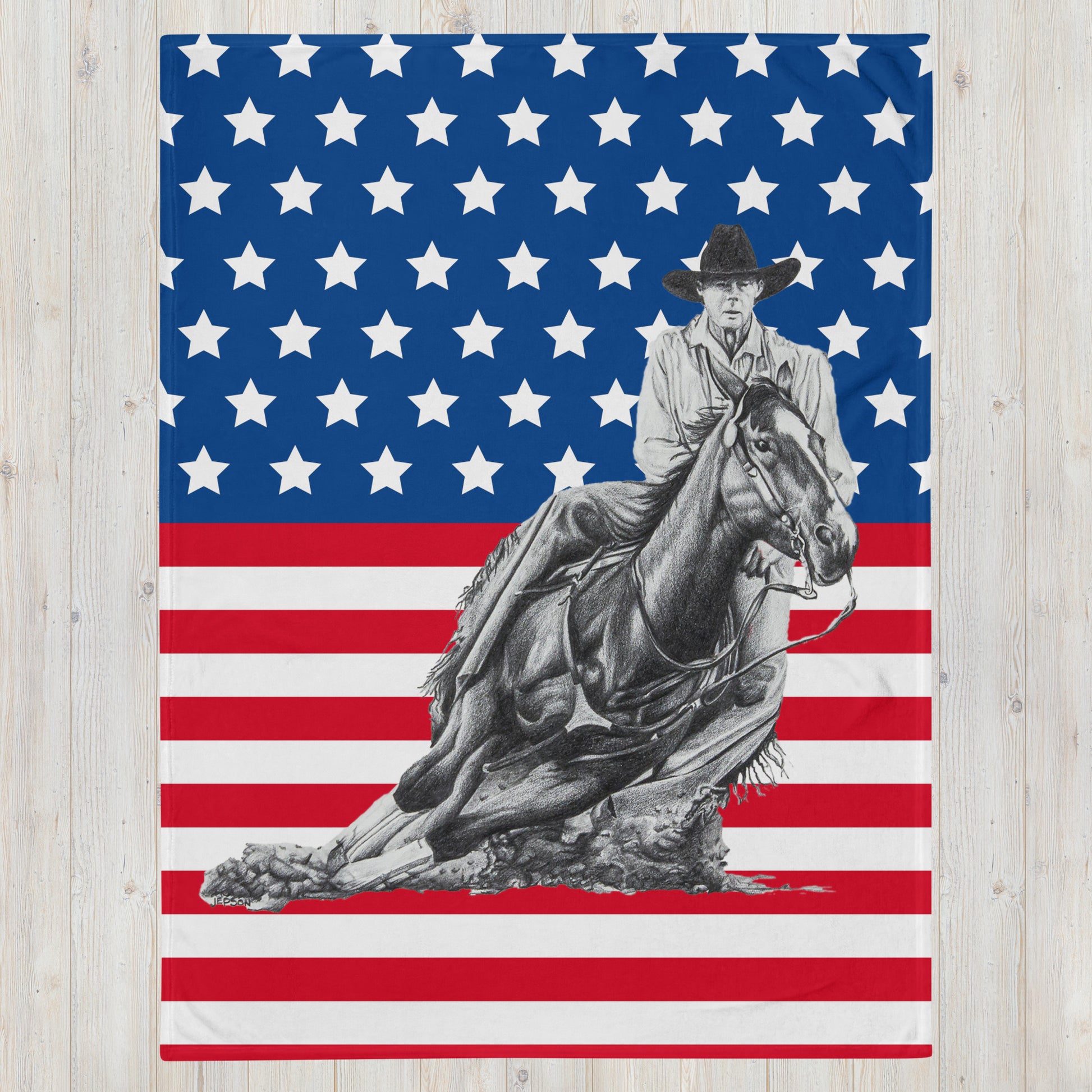These "Cowboy Throw Blanket" are from a drawing of mine created with a graphite pencil. It is titled "A Cut Above" as it is a cowboy on a cutting horse. It has been digitally optimized and transferred to a poly-cotton blend canvas.