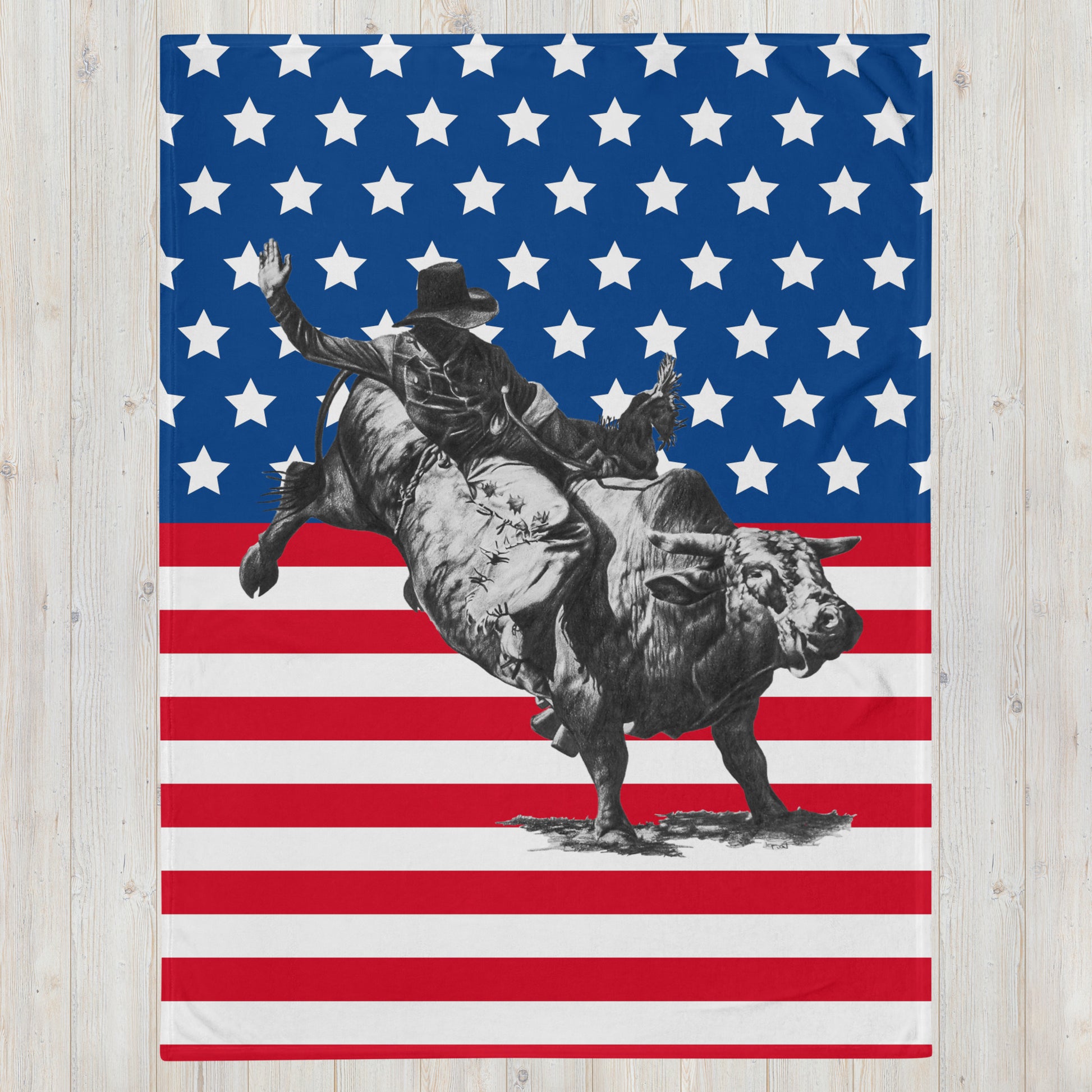 This "Bull Rider Throw Blanket (F)" is a drawing of mine created with graphite pencil. A Stars and Stripes effect has been added to the background to give it a little more dynamic look, rodeos are very patriotic events.