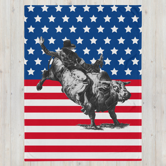 This "Bull Rider Throw Blanket (F)" is a drawing of mine created with graphite pencil. A Stars and Stripes effect has been added to the background to give it a little more dynamic look, rodeos are very patriotic events.