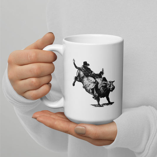 This "Bull Rider White Glossy Mug" is from a drawing of mine created with graphite pencil. It has been digitally optimized and transferred to a 15oz white glossy mug.