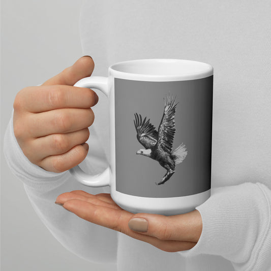 This "Eagle White Glossy Mug" is from a drawing of mine created with a graphite pencil. It has been digitally optimized and transferred to a 15oz white glossy mug.