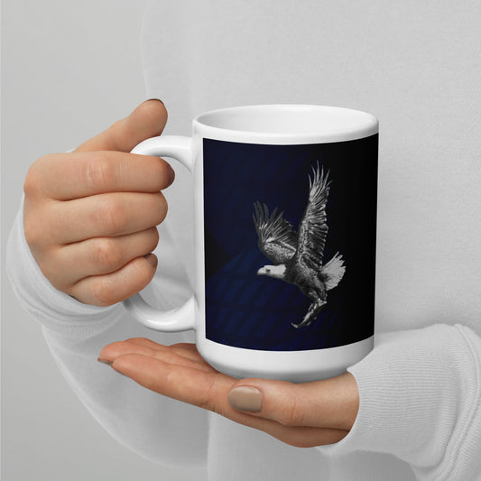 This "Eagle White Glossy Mug(B)" is from a drawing of mine created with a graphite pencil. It has been digitally optimized and transferred to a 15oz white glossy mug.