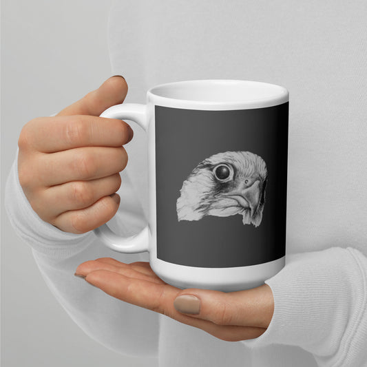 This "Hawk White Glossy Mug(B)" is from a drawing of mine created with a graphite pencil. It has been digitally optimized and transferred to a 15oz white glossy mug.