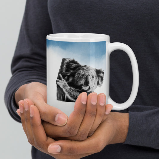 This "Koala White Glossy Mug (B)" is from a drawing of mine created with a graphite pencil. It has been digitally optimized and transferred to a 15oz white glossy mug.