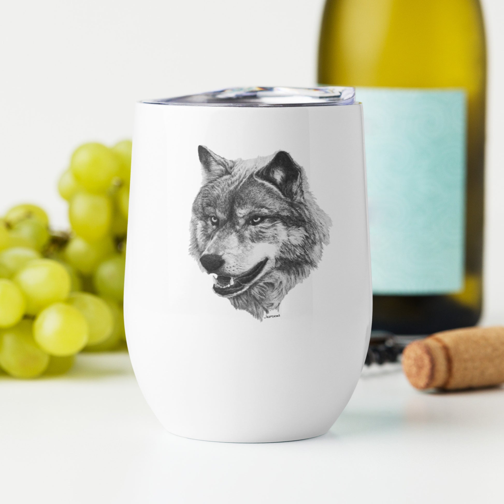 This "Wolf Wine Tumbler (W)" is from a drawing of mine created with a graphite pencil. It has been digitally optimized and transferred to a 12oz White Wine Tumbler.