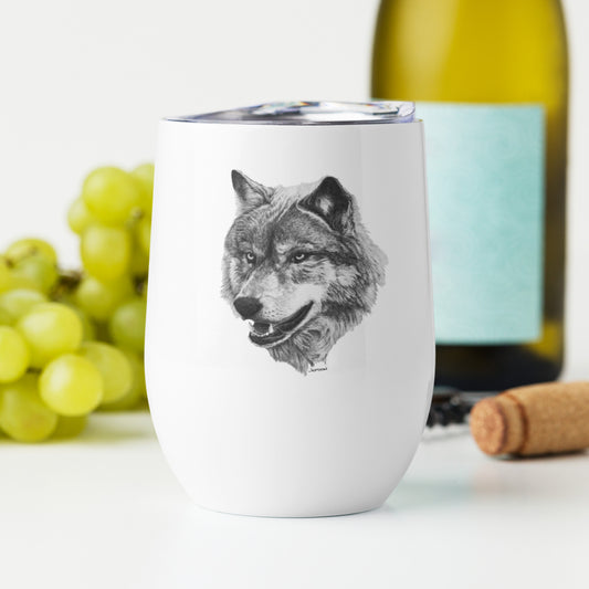 This "Wolf Wine Tumbler (W)" is from a drawing of mine created with a graphite pencil. It has been digitally optimized and transferred to a 12oz White Wine Tumbler.