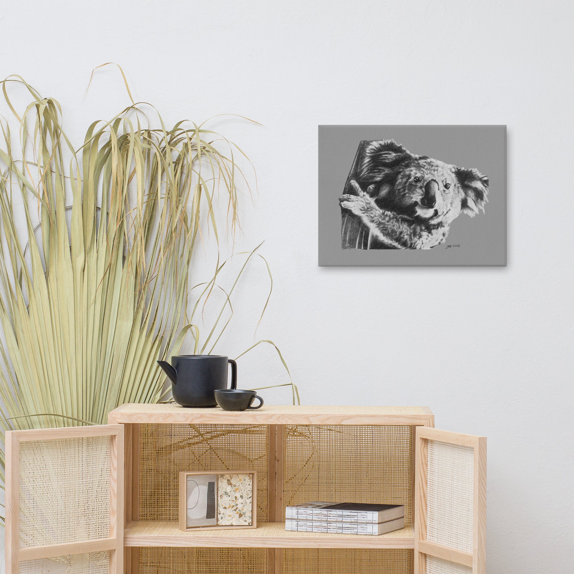 These "Koala Canvas Wall Hangings" are from a drawing of mine created with a graphite penci. It has been digitally optimized and transferred to a poly-cotton blend canvas.