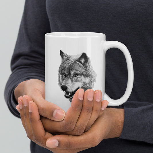 This "Wolf White Glossy Mug" is from a drawing of mine created with a graphite pencil. It has been digitally optimized and transferred to a 15oz white glossy mug.