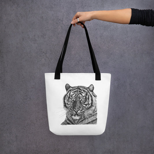 This "Tiger Tote Bag" is from a drawing of mine created with a graphite pencil. It has been digitally optimized and transferred to a 100% spun polyester fabric.