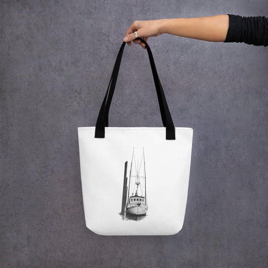 These "Fishing Boat Tote Bag" are from a drawing of mine created with a graphite pencil. It has been digitally optimized and transferred to 100% spun polyester fabric.