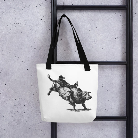 This "Bull Rider Tote Bag" is from a drawing of mine created with a graphite pencil. It has been digitally optimized and transferred to 100% certified spun polyester fabric.