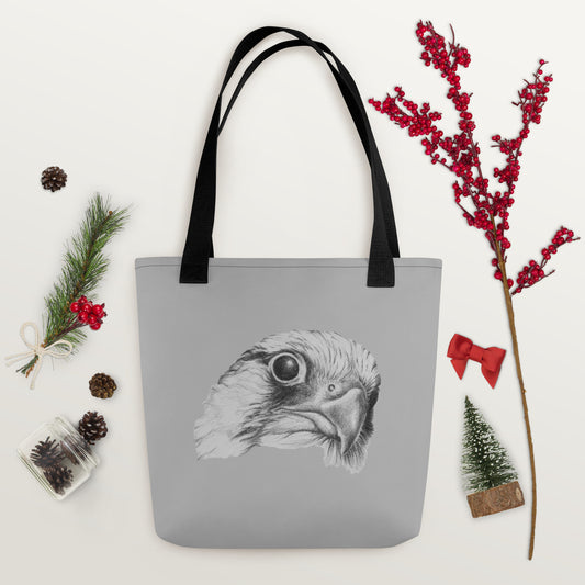 This "Hawk Tote Bag" is from a drawing of mine created with a graphite pencil. It has been digitally optimized and transferred to 100% spun polyester fabric.