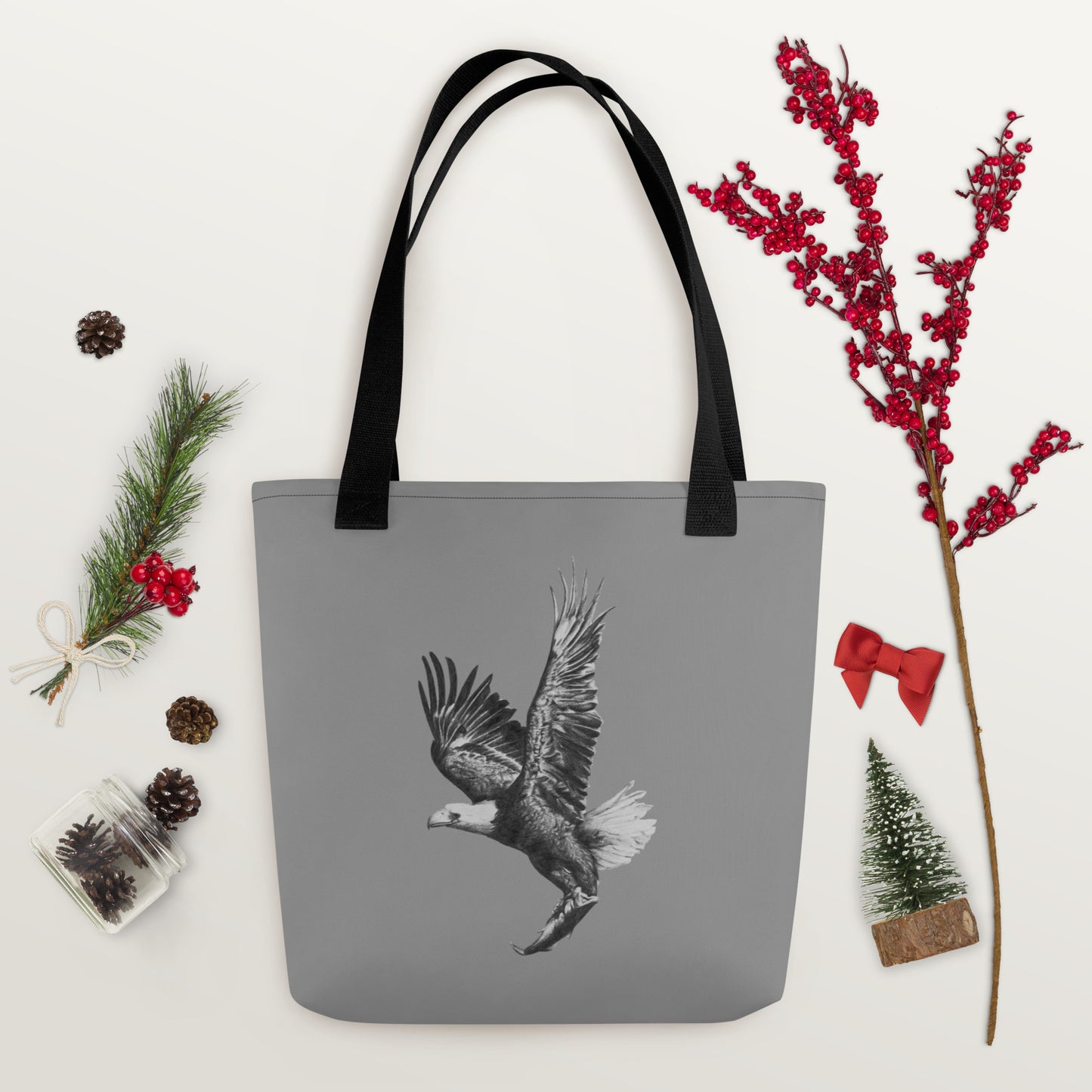 This "Eagle Tote Bag" is from a drawing of mine created with a graphite pencil. It has been digitally optimized and transferred to a 100% spun polyester fabric.