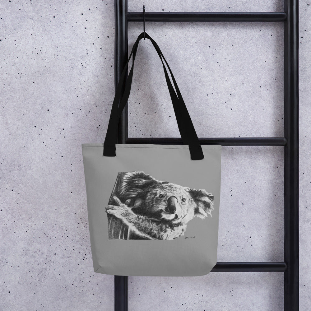 This "Koala Tote Bag" is from a drawing of mine created with a graphite pencil. It has been digitally optimized and transferred to 100% spun polyester fabric.