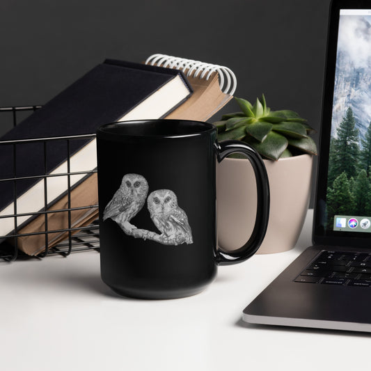 This "Owl Black Glossy Mug" is from a drawing of mine created with a graphite pencil. it has been digitally optimized and transferred to a 15oz black glossy mug.