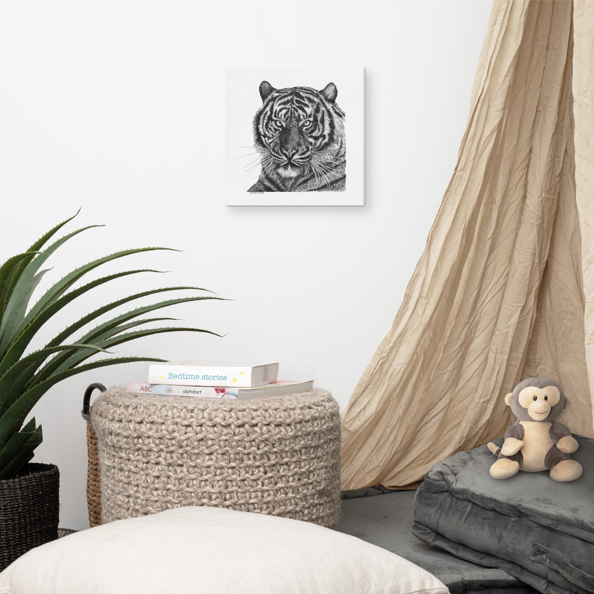 This "Tiger Canvas Wall Hanging" is from a drawing of mine created with a graphite pencil. It has been digitally optimized and transferred to a poly-cotton blend canvas.