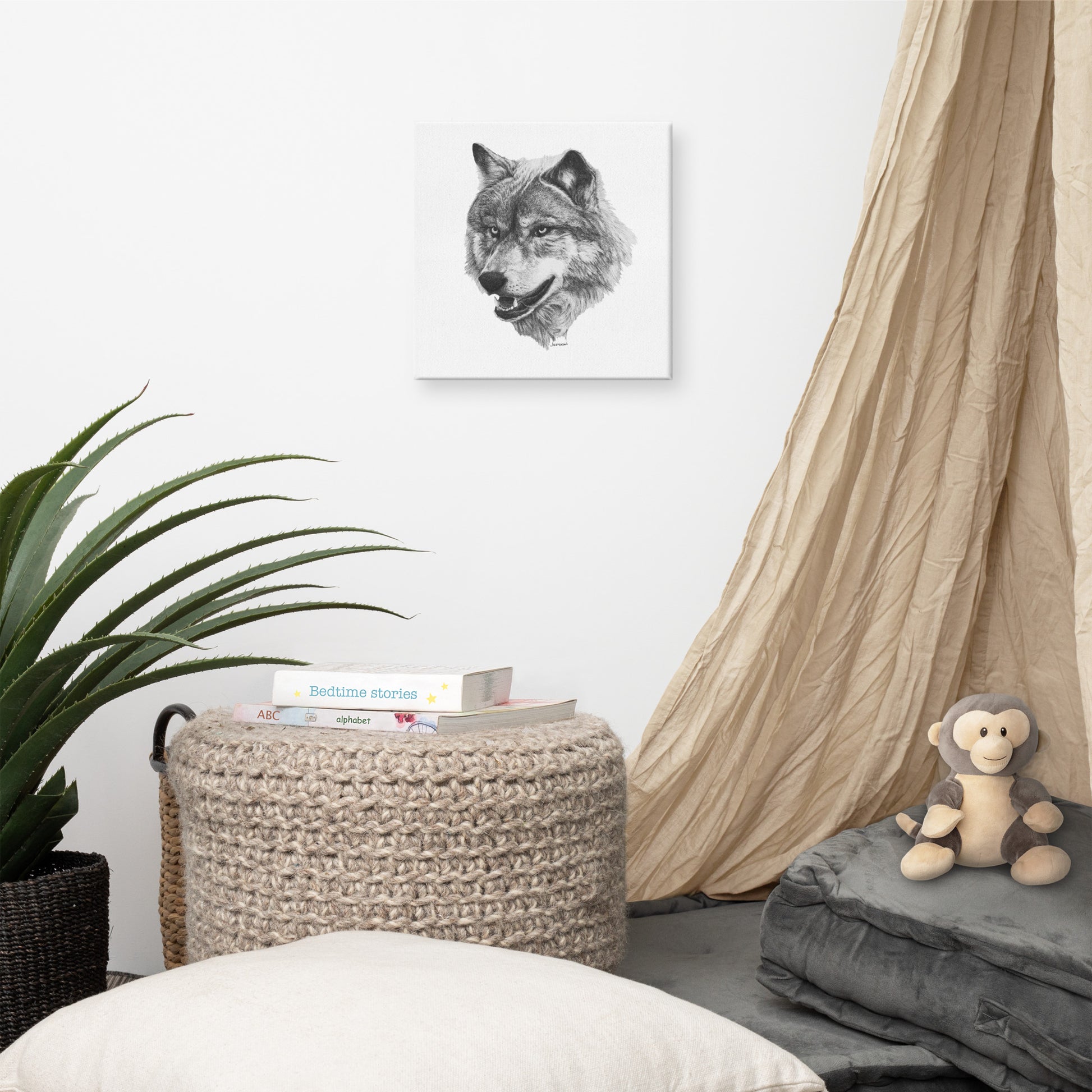 This "Wolf  Canvas Wall Hanging" is from a drawing of mine created with a graphite pencil. It has been digitally optimized and transferred to a poly-cotton blend canvas.