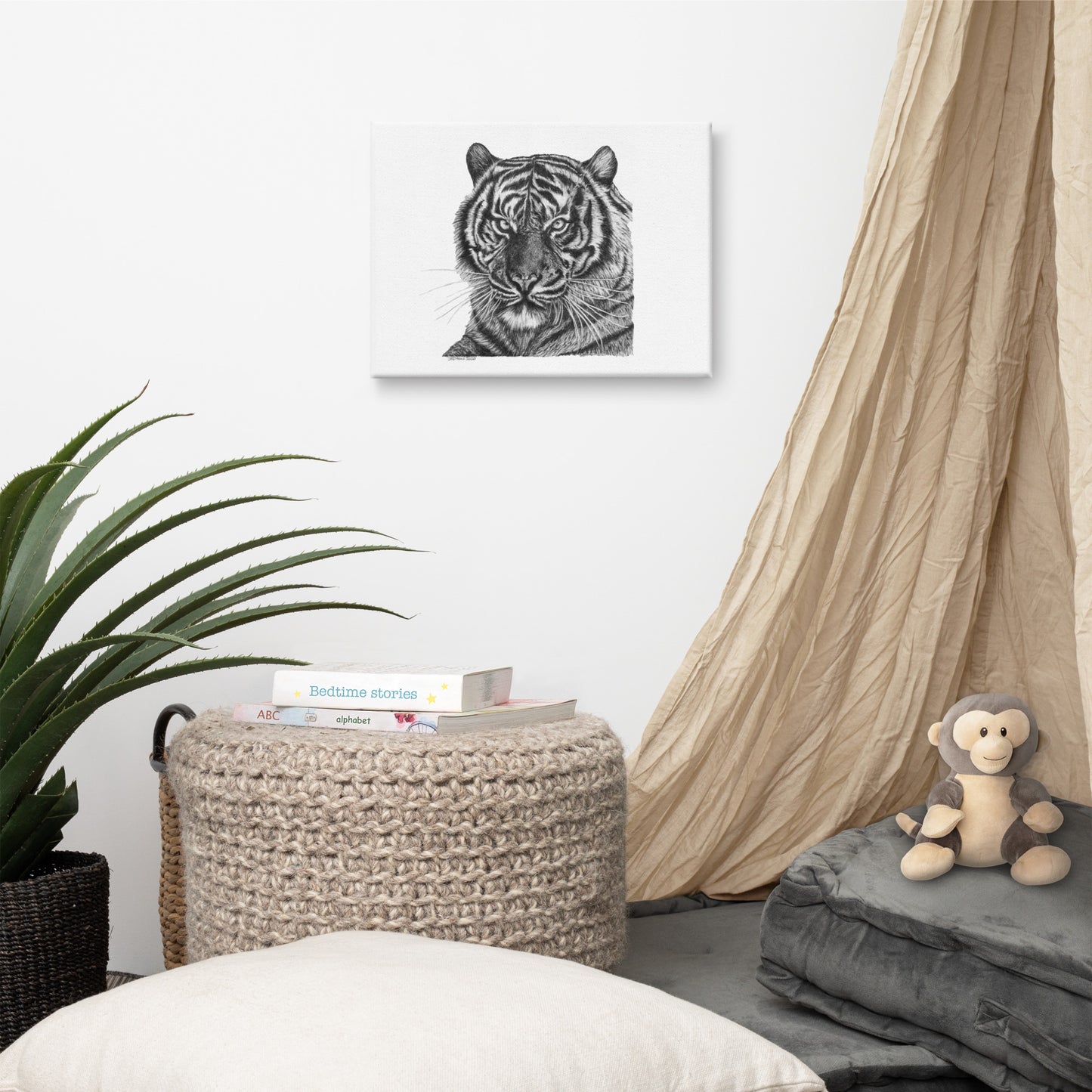 This "Tiger Canvas Wall Hanging" is from a drawing of mine created with a graphite pencil. It has been digitally optimized and transferred to a poly-cotton blend canvas.