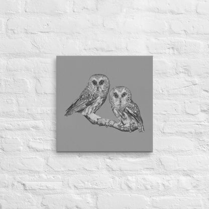 These "Owl Canvas Wall Hangings" are from a drawing of mine created with a graphite pencil. It is Two Owls staring at you as if to say "Who's There". It has been digitally optimized and transferred to a poly-cotton blend canvas.