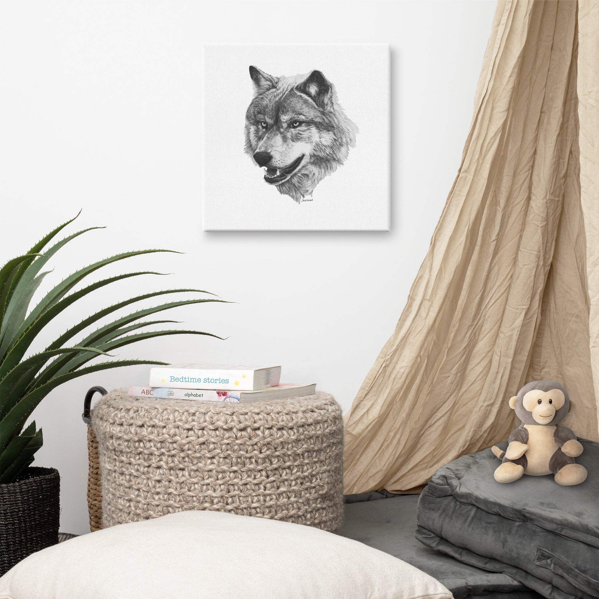 This "Wolf Canvas Wall Hanging" is from a drawing of mine created with a graphite pencil. It has been digitally optimized and transferred to a poly-cotton blend canvas.