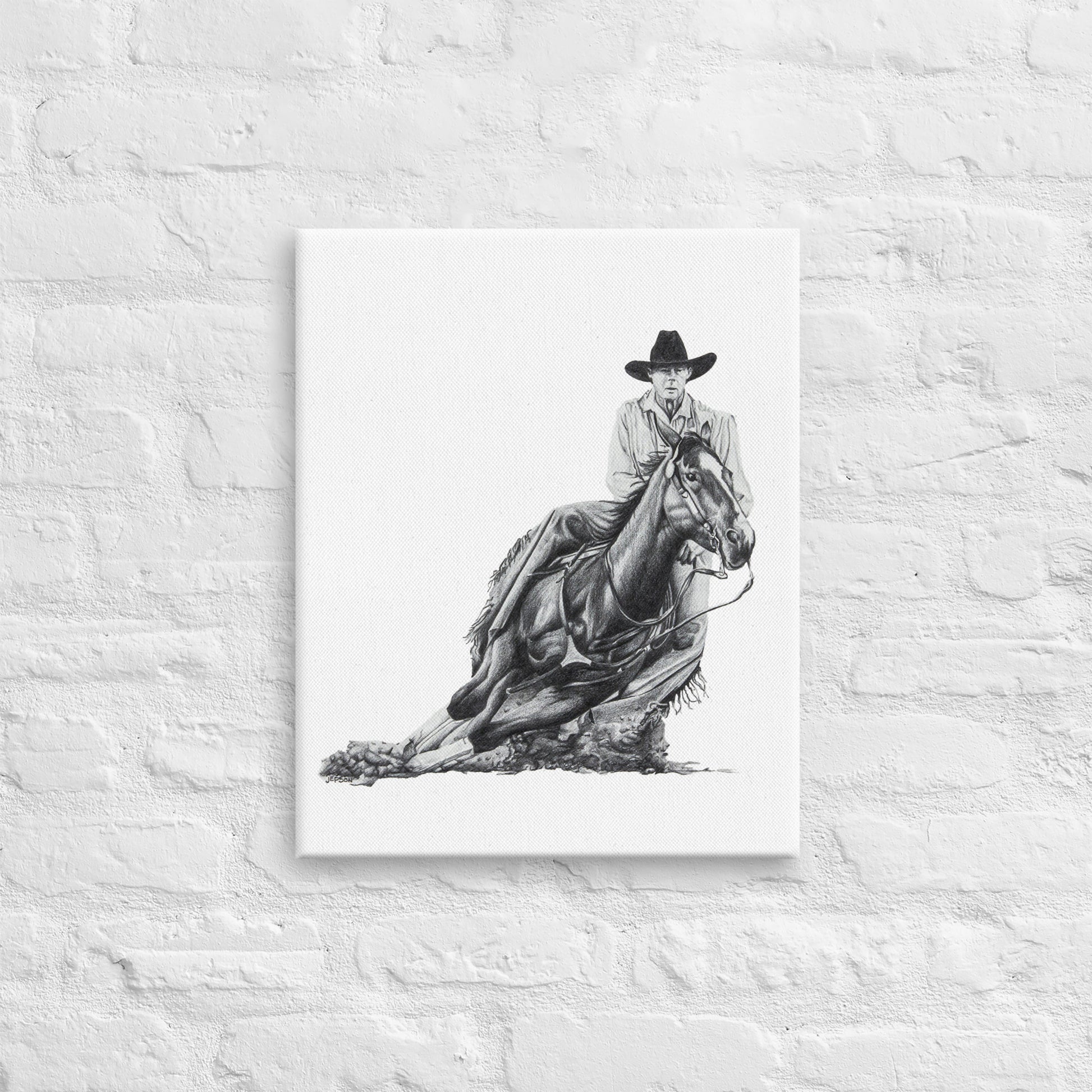 These "Cowboy Canvas Wall Hangings" are from a drawing of mine created with graphite pencil. It is titled "A Cut Above" as it is a cowboy on a cutting horse. It has been digitally optimized and transferred to a poly-cotton blend canvas.