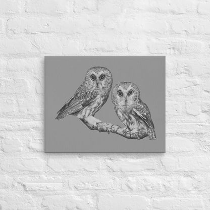 These "Owl Canvas Wall Hangings" are from a drawing of mine created with a graphite pencil. It is Two Owls staring at you as if to say "Who's There". It has been digitally optimized and transferred to a poly-cotton blend canvas.