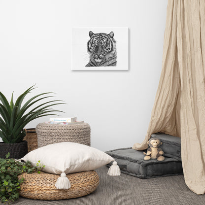 This "Tiger Canvas Wall Hanging" is from a drawing of mine created with a graphite pencil. It has been digitally optimized and transferred to a poly-cotton blend canvas.