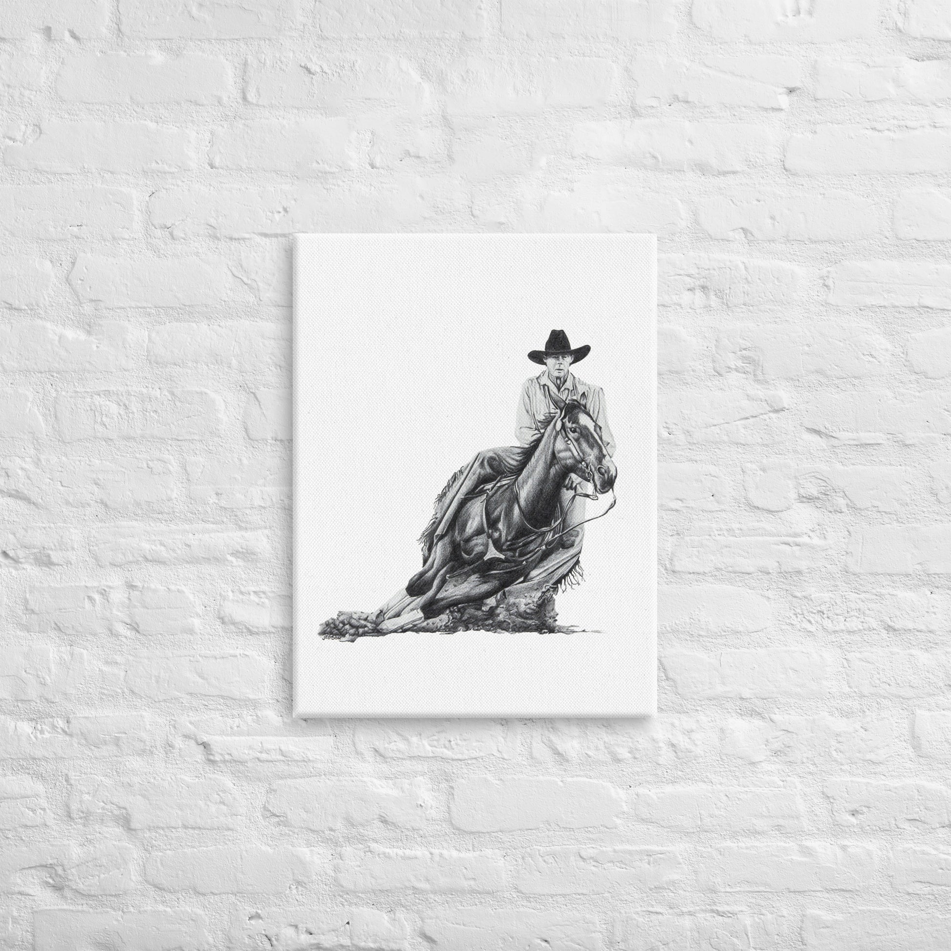 These "Cowboy Canvas Wall Hangings" are from a drawing of mine created with graphite pencil. It is titled "A Cut Above" as it is a cowboy on a cutting horse. It has been digitally optimized and transferred to a poly-cotton blend canvas.