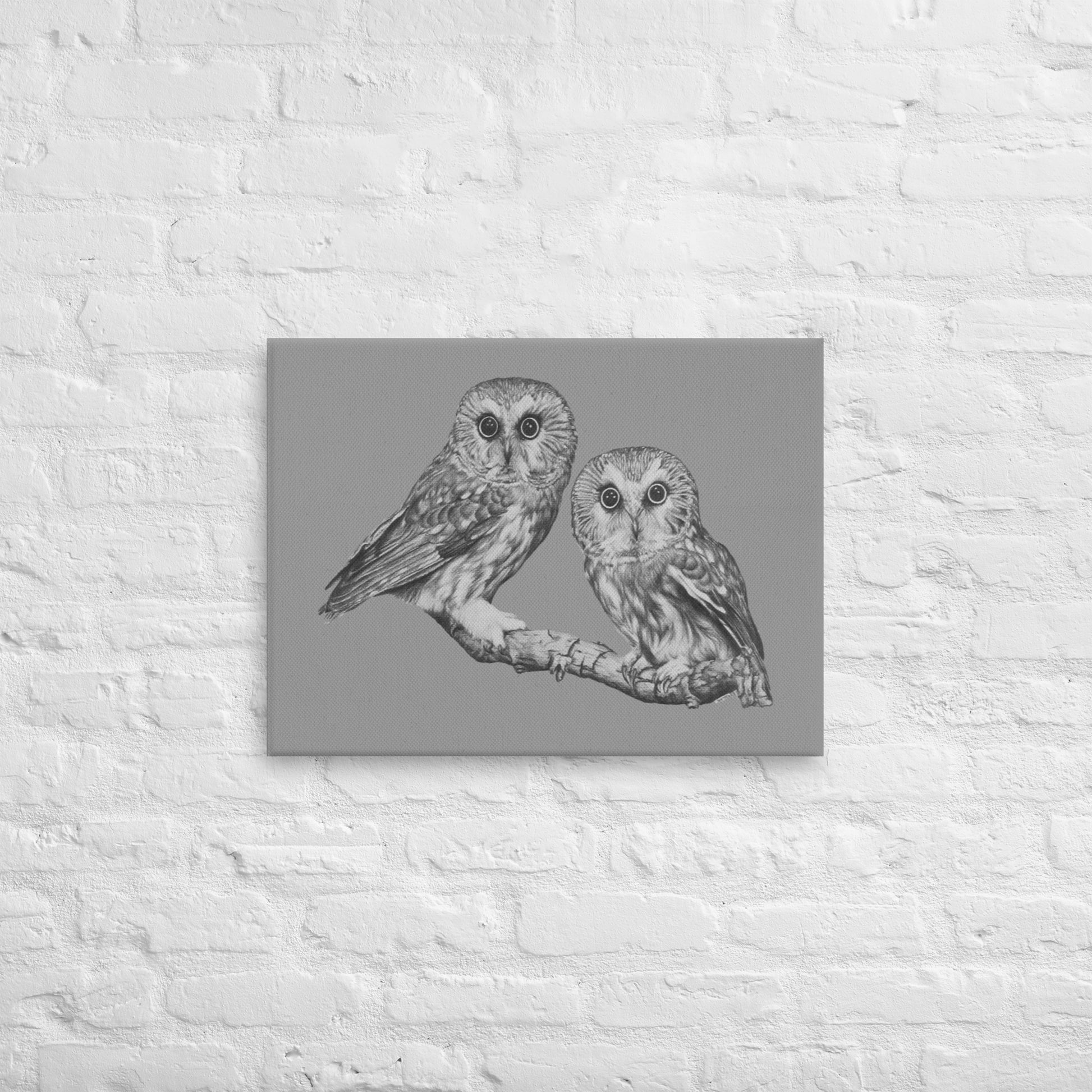 These "Owl Canvas Wall Hangings" are from a drawing of mine created with a graphite pencil. It is Two Owls staring at you as if to say "Who's There". It has been digitally optimized and transferred to a poly-cotton blend canvas.