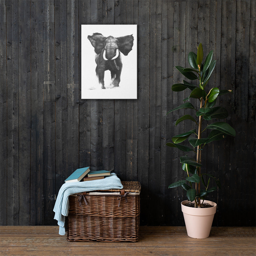 These "Elephant Canvas Wall Hanging" are from a drawing of mine created with a graphite pencil. It has been digitally optimized and transferred to a poly-cotton blend canvas.