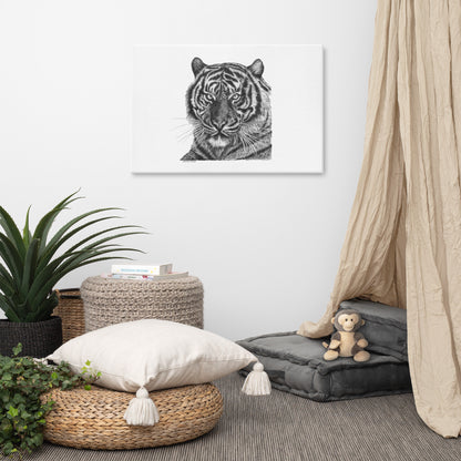 This "Tiger Canvas Wall Hanging" is from a drawing of mine created with a graphite pencil. It has been digitally optimized and transferred to a poly-cotton blend canvas.