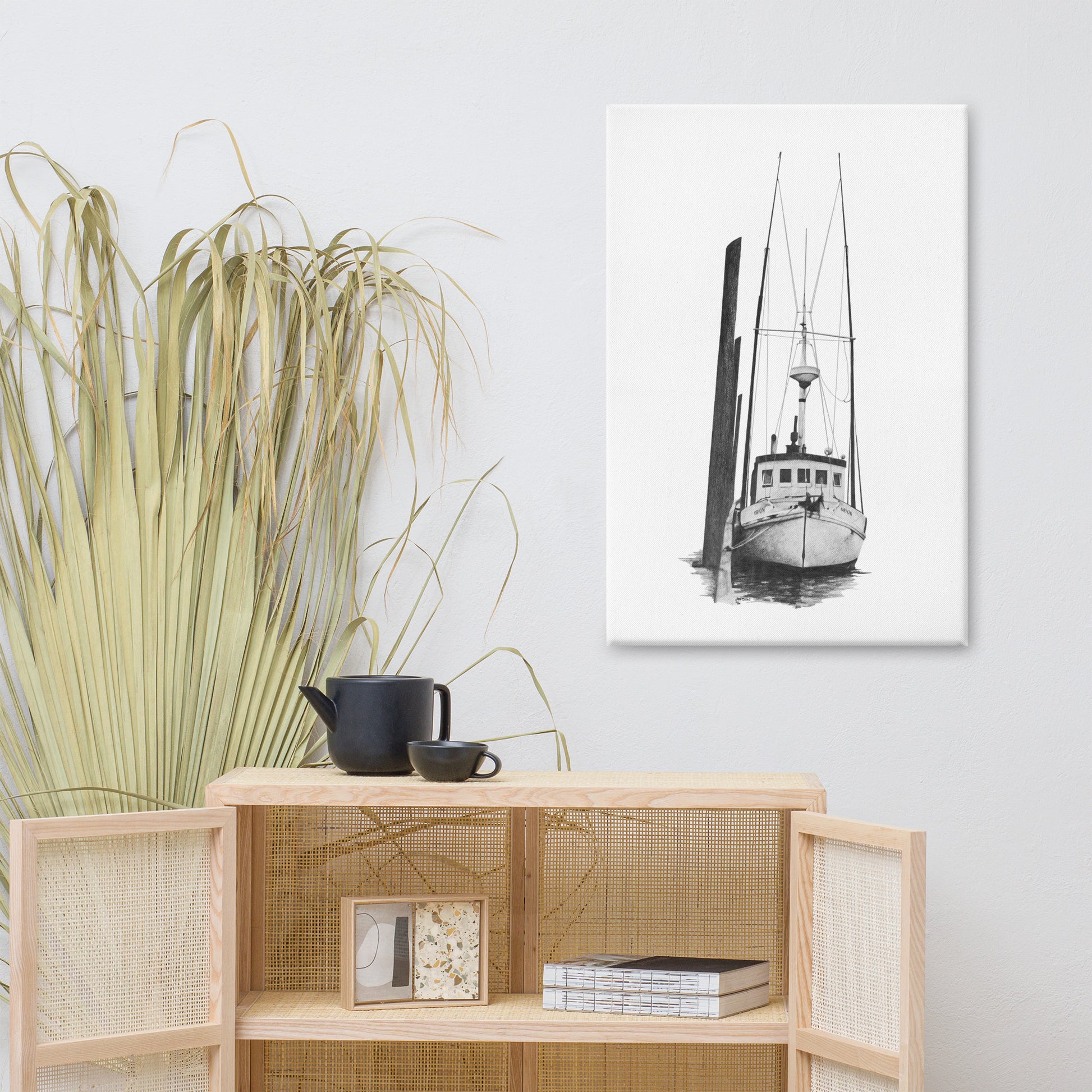 These "Fishing Boat Canvas Wall Hangings" are from a drawing of mine created with a graphite pencil. It has been digitally optimized and transferred to a poly-cotton blend canvas.