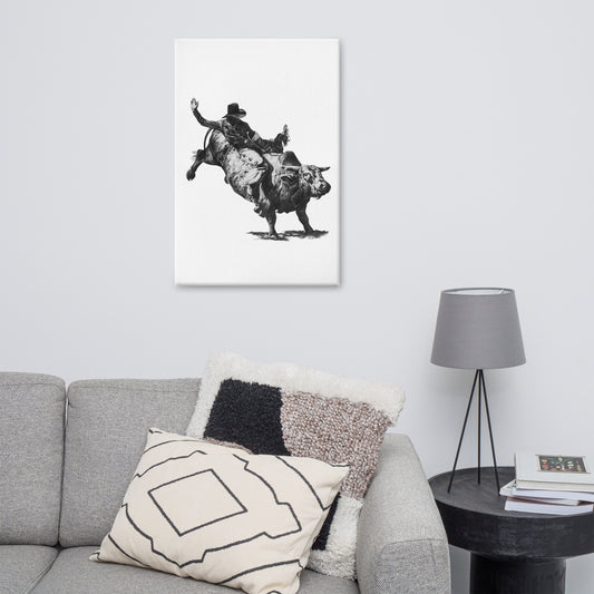 These "Bull Rider Canvas Wall Hangings" are from a drawing of mine created with a graphite pencil of a cowboy on a bucking bull. It has been digitally optimized and transferred to a poly-cotton blend canvas.