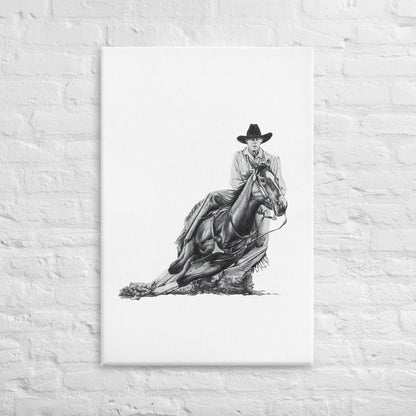 These "Cowboy Canvas Wall Hangings" are from a drawing of mine created with graphite pencil. It is titled "A Cut Above" as it is a cowboy on a cutting horse. It has been digitally optimized and transferred to a poly-cotton blend canvas.