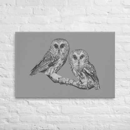 These "Owl Canvas Wall Hangings" are from a drawing of mine created with a graphite pencil. It is Two Owls staring at you as if to say "Who's There". It has been digitally optimized and transferred to a poly-cotton blend canvas.