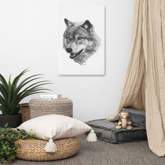 This "Wolf Canvas Wall Hanging" is from a drawing of mine created with a graphite pencil. It has been digitally optimized and transferred to a poly-cotton blend canvas.
