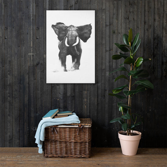 These "Elephant Canvas Wall Hanging" are from a drawing of mine created with a graphite pencil. It has been digitally optimized and transferred to a poly-cotton blend canvas.