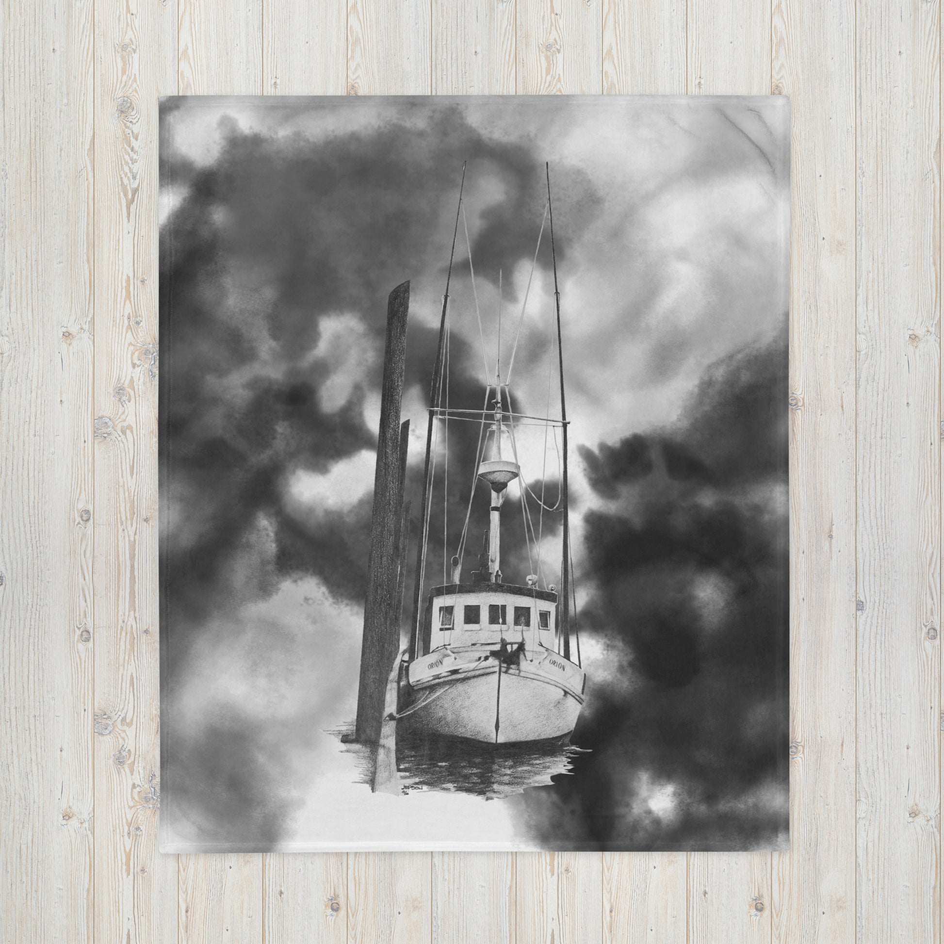 These "Fishing Boat Throw Blanket " are from a drawing of mine created with a graphite pencil. It has been digitally optimized and transferred to 100% Polyester throw blanket.
